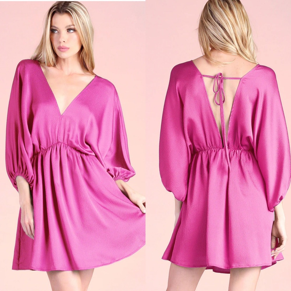 Jodifl Mini Dress Medium Magenta Pleated V-Neck Lantern Sleeve Shimmer‎ B8416-1